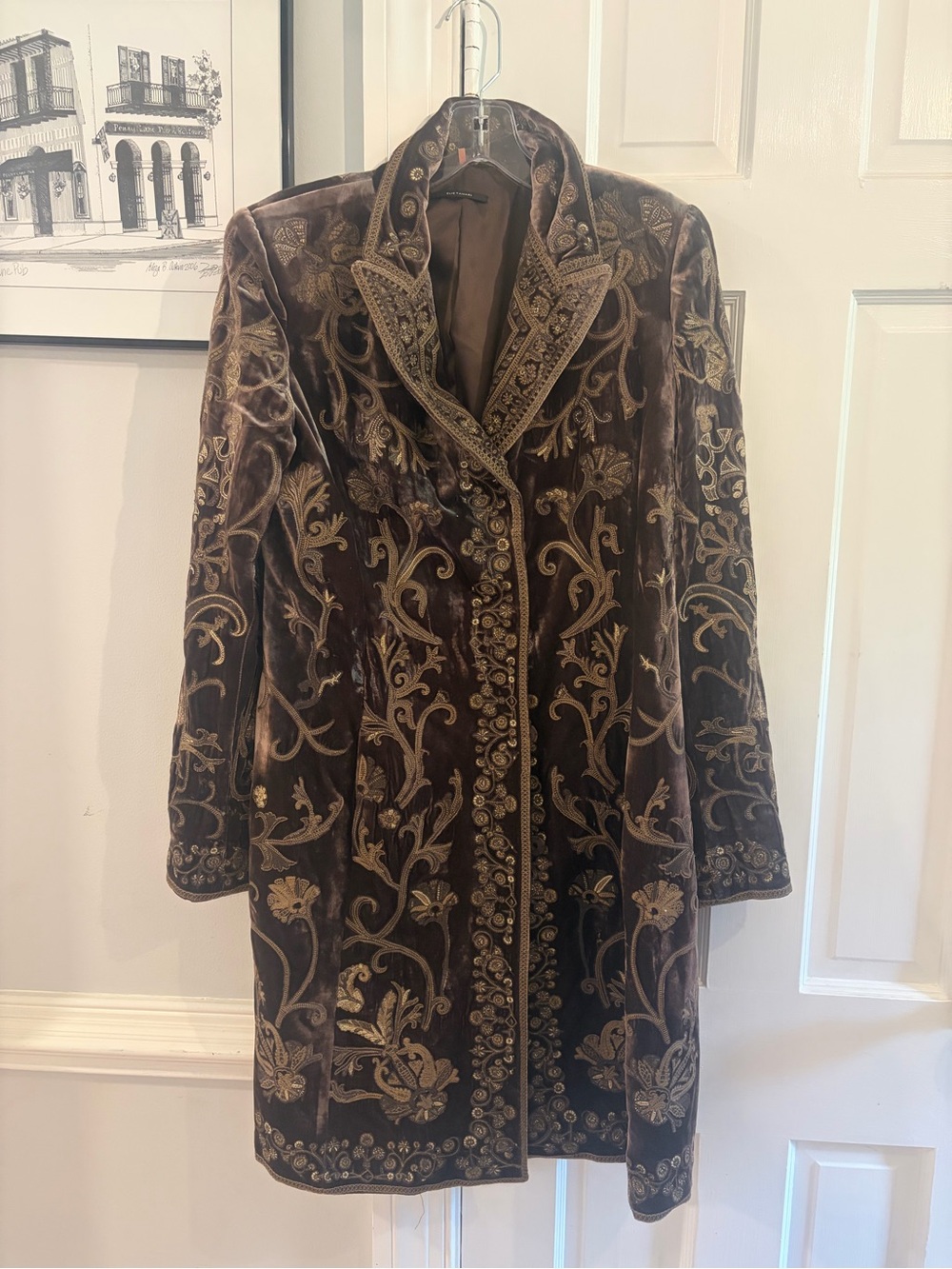 Elie Tahari Brown Velvet Embroidered Trench Coat